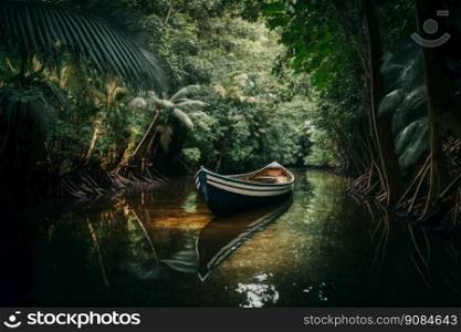 boat floats on the river in tropical forest. Illustration Generative AI. boat floats on the river in tropical forest. Illustration AI Generative