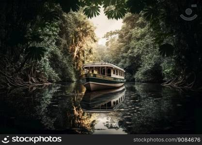 boat floats on the river in tropical forest. Illustration Generative AI. boat floats on the river in tropical forest. Illustration AI Generative