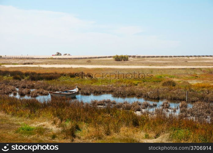 Boat in the marshes of Douro river, Portugal