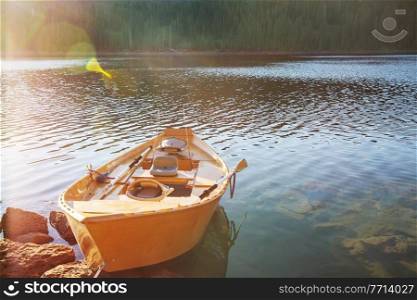 Boat on beautiful lake in Chile mountains