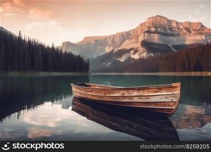 Boat on river mountains. Nature vacation. Generate Ai. Boat on river mountains. Generate Ai