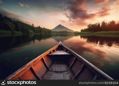 Boat on river mountains travel. Holiday sky. Generate Ai. Boat on river mountains travel. Generate Ai
