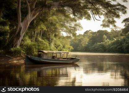 boat on the amazonas river, with tree canopy in the background, created with generative ai. boat on the amazonas river, with tree canopy in the background