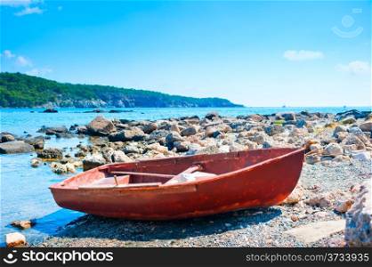 boat on the rocky shore on a sunny day