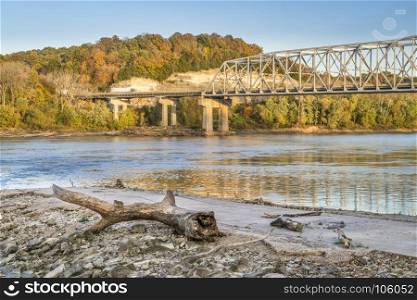 Boat ramp and bridge over Missouri River at Taylor's Landing near Rocheport, MO, fall colors scenery