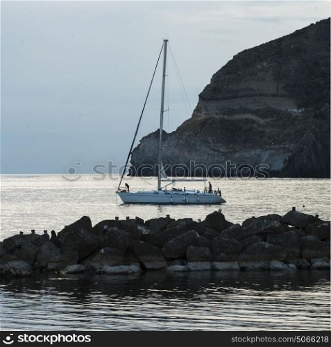 Boat sailing in Gulf of Naples, Sant'Angelo, Ischia Island, Campania, Italy