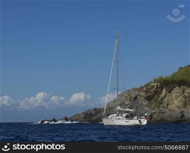 Boat sailing in sea, Ischia Island, Campania, Italy