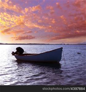 Boat sunset Estany des Peix in Formentera Balearic Islands of Spain