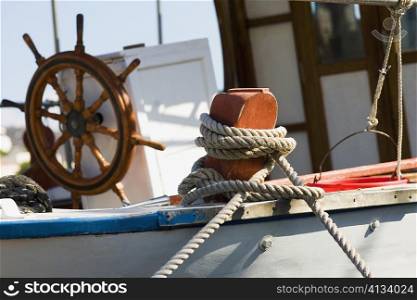 Boat tied up with a rope, Patmos, Dodecanese Islands, Greece