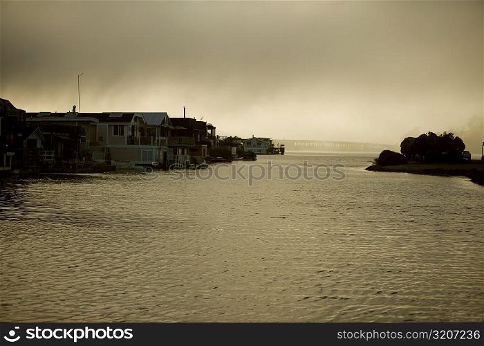 Boathouses on water in Sausalito, California, USA