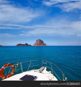 Boating in Ibiza with Es Vedra y Vedranell islands in balearic Mediterranean