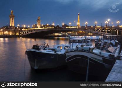 Boats and the Alexandre III bridge, Paris, Ile-de-france, France