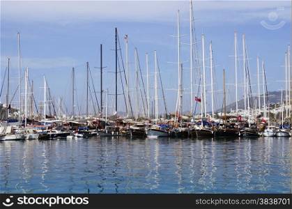 Boats and yachts parked at sea port in Bodrum, Turkey