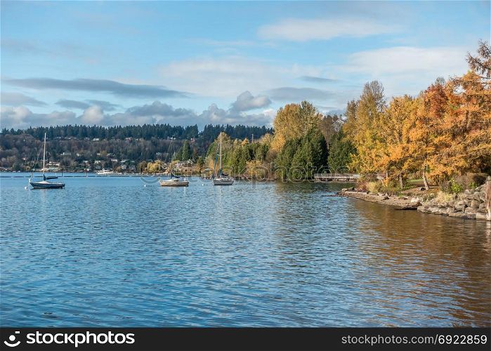Boats are anchored in front of Coulon Park in Renton, Washington.
