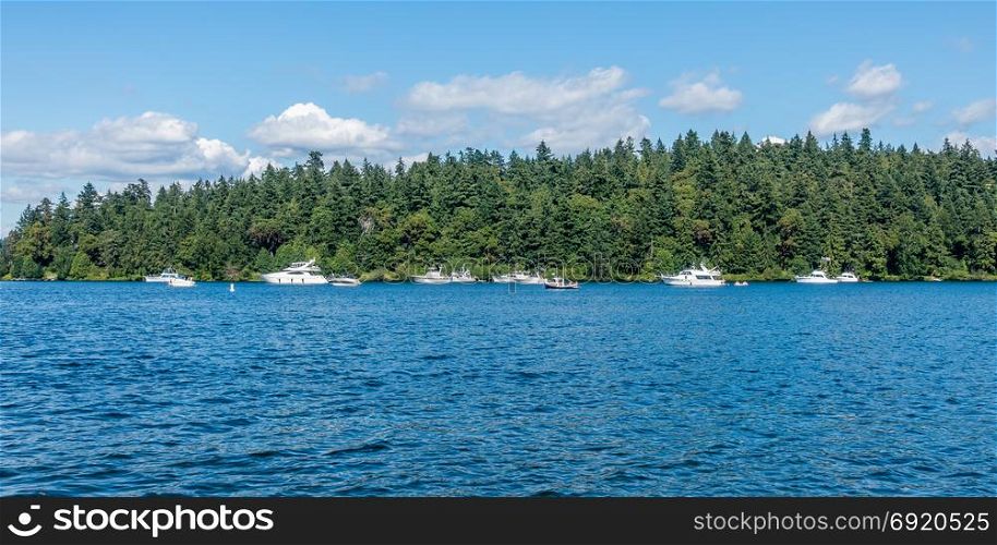 Boats are anchored on Lake Washington near Seattle.