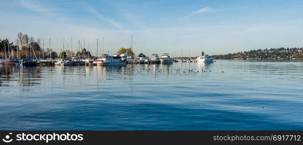 Boats are moored on Lake Washington near Seattle.