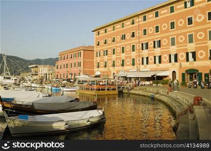 Boats at a harbor, Calata Del Porto, Italian Riviera, Santa Margherita Ligure, Genoa, Liguria, Italy