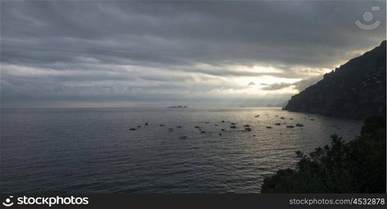 Boats at coast, Positano, Amalfi Coast, Salerno, Campania, Italy