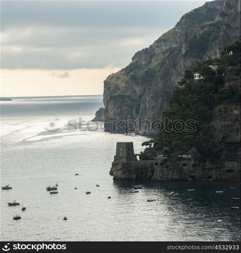 Boats at coastline, Positano, Amalfi Coast, Salerno, Campania, Italy
