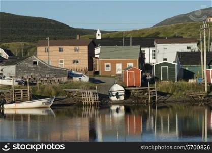 Boats at fishing dock, Trout River, Southeast Brook Falls, Gros Morne National Park, Newfoundland and Labrador, Canada