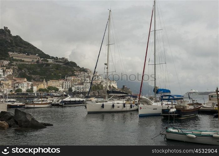 Boats at harbor, Amalfi, Amalfi Coast, Salerno, Campania, Italy