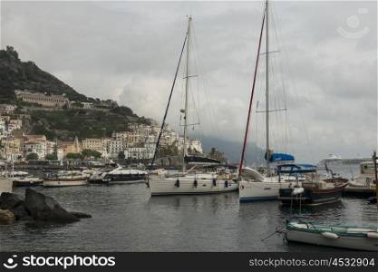 Boats at harbor, Amalfi, Amalfi Coast, Salerno, Campania, Italy