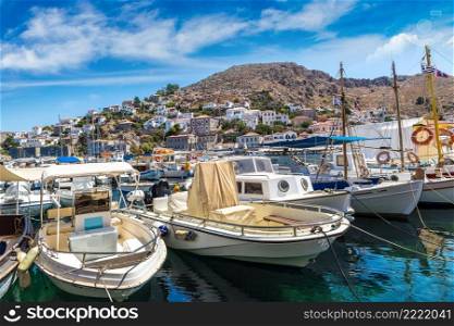 Boats at Hydra island in a summer day in Greece