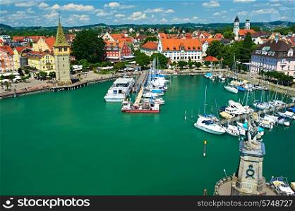 Boats at port of Lindau harbour, Lake Constance, Bavaria, Germany