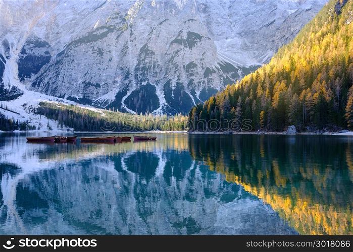 Boats at the alpine mountain lake. Lago di Braies, Dolomites Alps, Italy