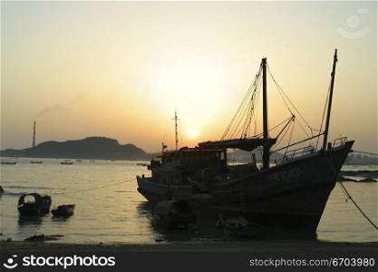 Boats by the shore in Xiamen China.