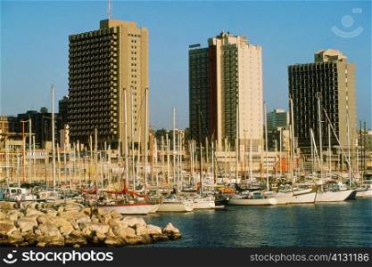 Boats docked at a harbor in front of buildings, Tel Aviv, Israel