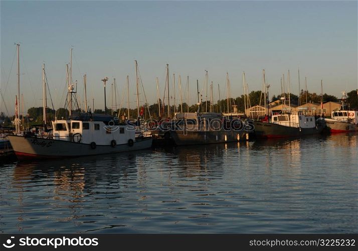 Boats docked at a harbor in Gimli, Manitoba, Canada