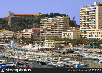 Boats docked at a harbor, Port of Fontvieille, Monte Carlo, Monaco