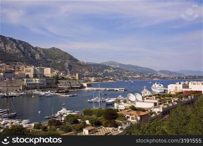 Boats docked at a harbor, Port of Fontvieille, Monte Carlo, Monaco