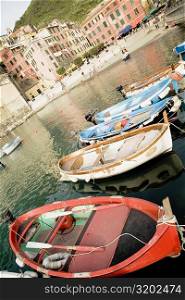 Boats docked at a port, Italian Riviera, Cinque Terre National Park, Piazza Marconi, Il Porticciolo, Vernazza, La Spezia, Liguria, Italy