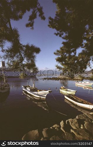 Boats in a bay with a mountain in the background, Mt Fuji, Suruga Bay, Shizuoka Prefecture, Japan