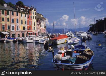 Boats in a river in front of buildings, Portofino, Genoa, Italy