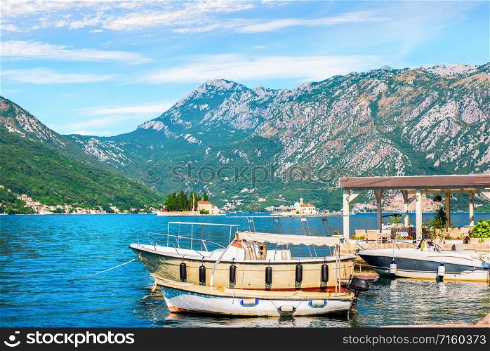 Boats in mountains of Perast near famous islands, Montenegro. Boats in mountains of Perast