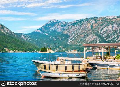 Boats in mountains of Perast near famous islands, Montenegro. Boats in mountains of Perast