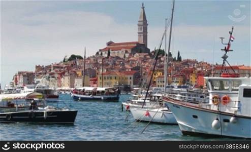 Boats in Rovinj dock, Croatia. Rovinj is considered one of the most attractive and most beautiful towns on the Mediterranean.