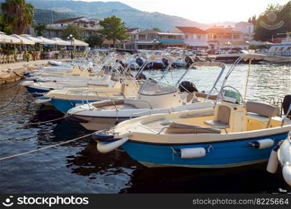 boats in the bay of a small Greek town on the island of Corfu
