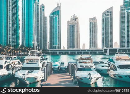 Boats in the harbor at day. Illustration Generative AI