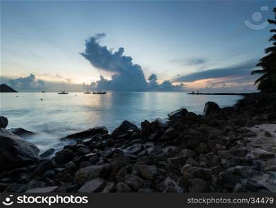 Boats in the Sea at Sunset, Saint Lucia, in the Caribbean