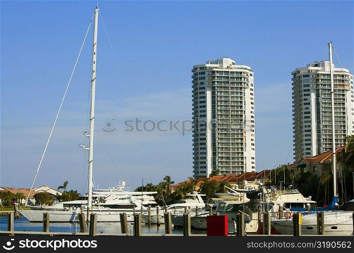 Boats moored at a dock, Miami, Florida, USA