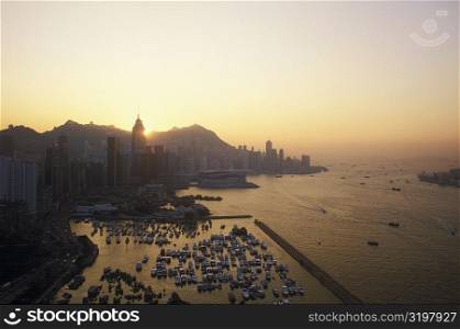 Boats moored at a harbor, Hong Kong, China