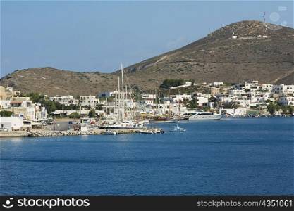 Boats moored at a harbor, Skala, Patmos, Dodecanese Islands, Greece
