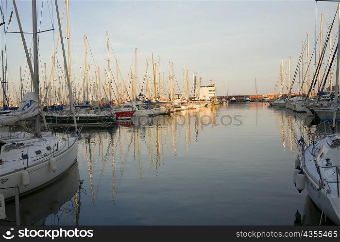 Boats moored at a port, Port Vell, Barcelona, Spain