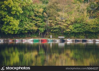 Boats on a row in a lake surrounded by green trees with reflection in the water