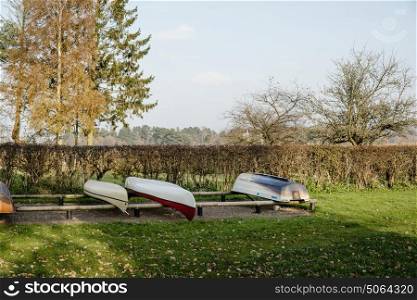 Boats on a row on land in autumn in a park with grass and trees near a lake.