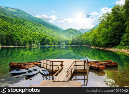 Boats on Biogradska Lake in National Park Biogradska Gora. Montenegro